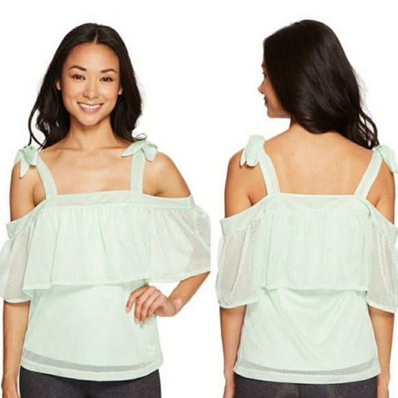 new Puma Sporty Chic Mint Green Cold Shoulder Top - Picture 2 of 8